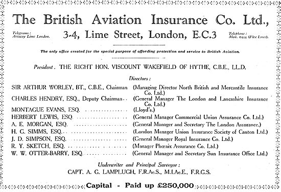 British Aviation Insurance Co - Directors                        