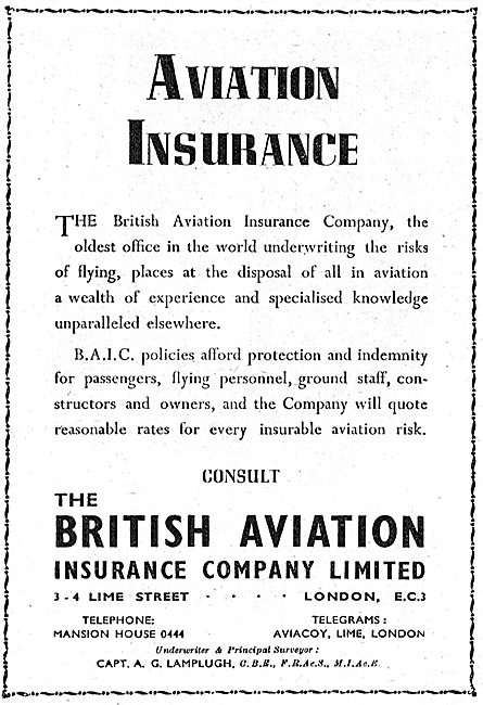 British Aviation Insurance Co - 1949                             