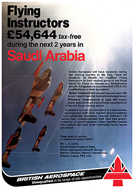 BAe Flying Instructors Saudi Arabia 1982 Recruitment Advert      