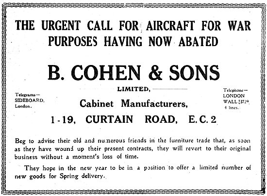 B.Cohen & Sons - Cabinet Manufacturers. Curtain Rd. 1919 Advert  