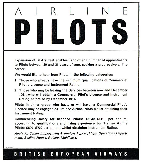 British European Airways Direct Entry Pilot Recruitment 1961     