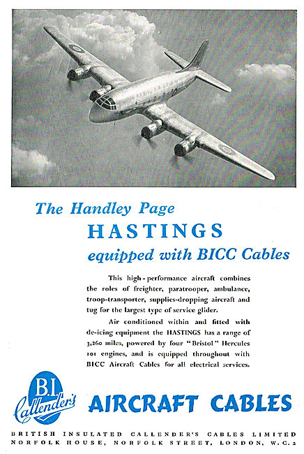 BICC PREN Aircraft Electrical Cables 1950 Advert                 