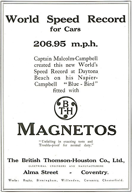 BTH Magnetos Fitted To Campbell's World Land  Speed Record Car   