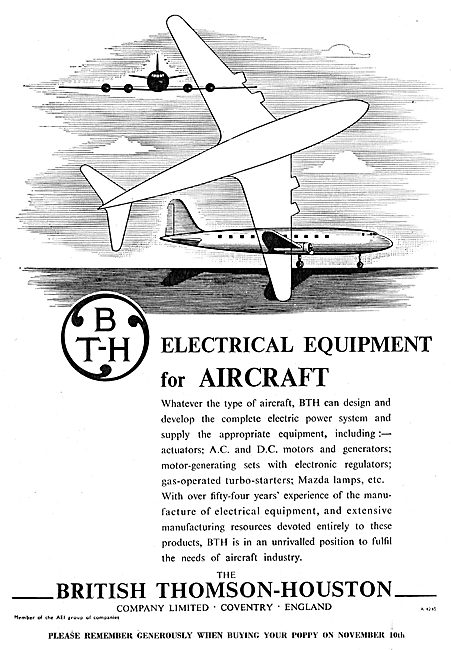 British Thomson-Houston BTH Aircraft Electrical Equipment        