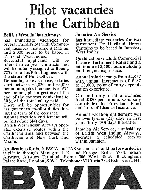 BWIA - British West Indian Airways Pilot Recruitment 1967        