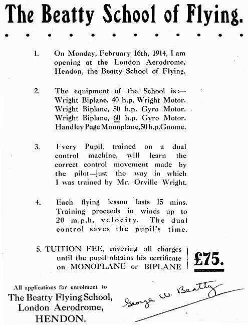 The Beatty School Of Flying - Hendon 1914                        