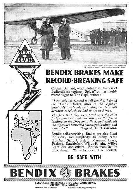 Bendix Brakes Fitted To Barnard's Record Breaking Aircraft       