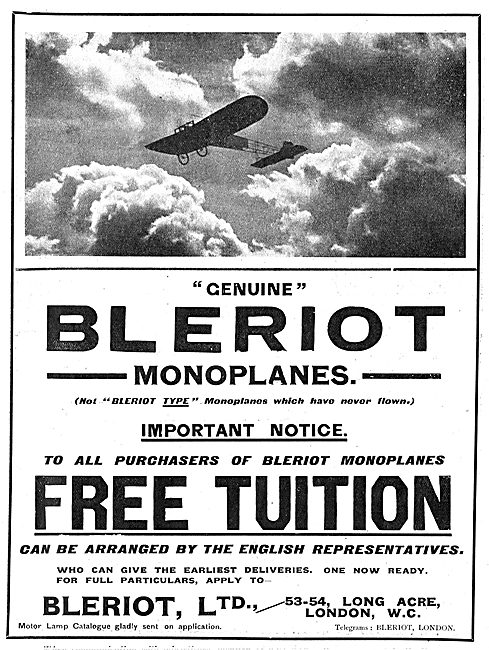 Genuine Bleriot Monoplanes - Free Tuition To All Purchasers      