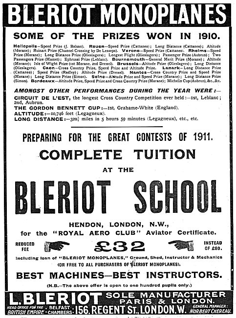 Bleriot Monoplanes - Bleriot Flying School - Prizes Won          