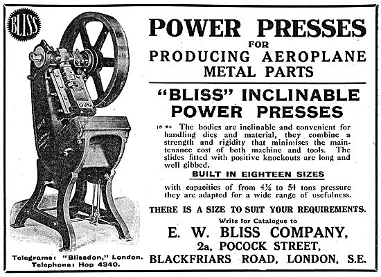 Bliss Inclinable Power Presses For Aircraft Component Production 