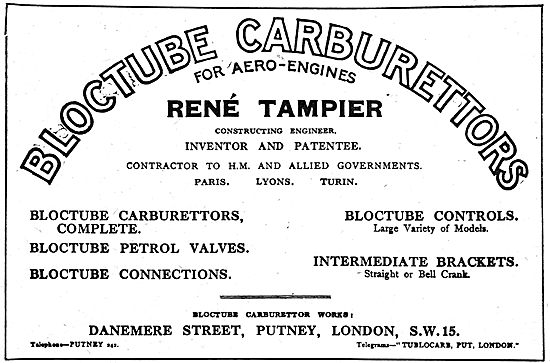 Rene Tampier Bloctube Carburettors For Aero Engines              