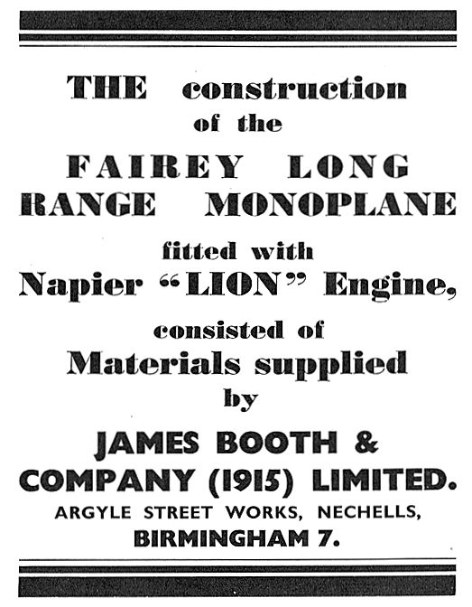 James Booth Materials On Fairey Long Range Monoplane             