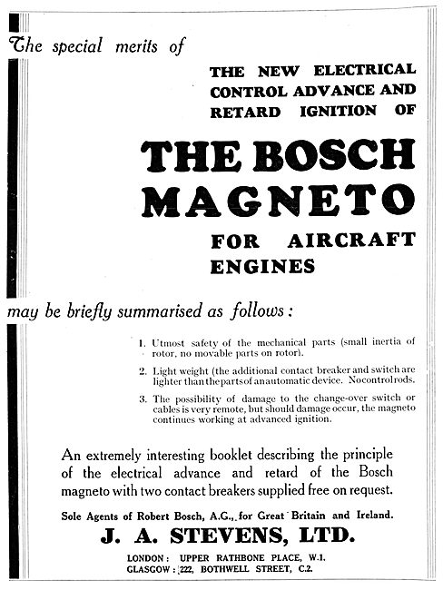Bosch Magnetos For Aircraft Engines 1929 Advert                  
