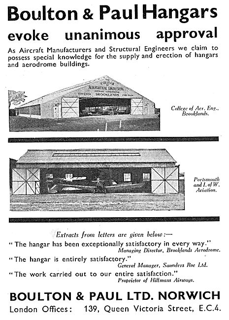 Boulton & Paul - Aeroplane Hangars For Brooklands & Portsmouth   