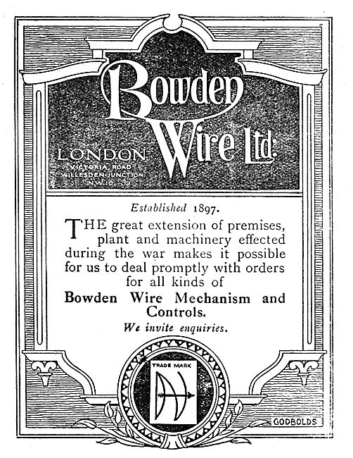 Bowden Wire.Mechanism & Controls - 1919 Advert                   