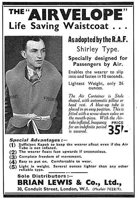 Brian Lewis & Co: Airvelope Kapok Life Saving Waistcoat          