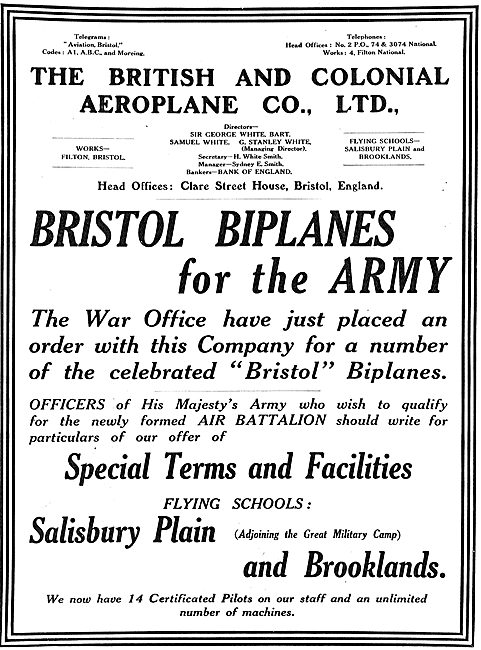 Bristol Biplanes Chosen By The War Office For The Army           