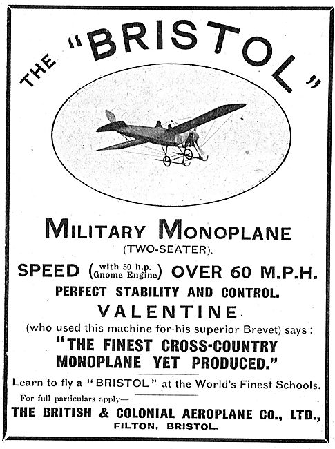 Valentine Praises The Bristol Military Monoplane For Stability   
