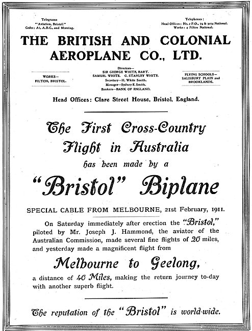 The First Cross Country Flight In Australia Made By A Bristol.   