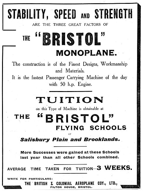 Bristol Aeroplanes - Bristol Flying Schools - Bristol Monoplane  