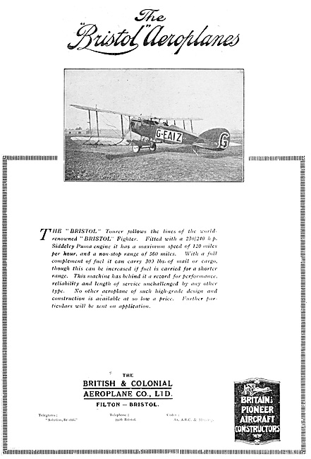 Bristol Tourer G-EAIZ 1920 Advert                                