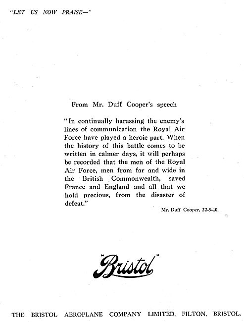 The Bristol Aeroplane Company - Duff Cooper Message              