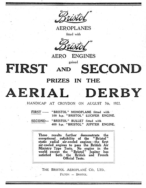 Bristol  Aero Engines First & Second In The 1922  Aerial Derby   