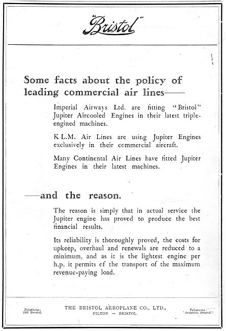 Bristol Jupiter Engines In use With Imperial Airways & KLM       