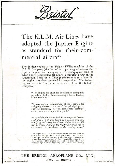 KLM Adopts Bristol Jupiter Engines For Their Fokker Aircraft     