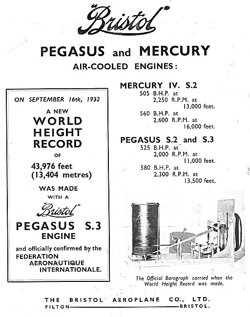 Bristol Mercury & Pegasus Aero Engine World Height Records       