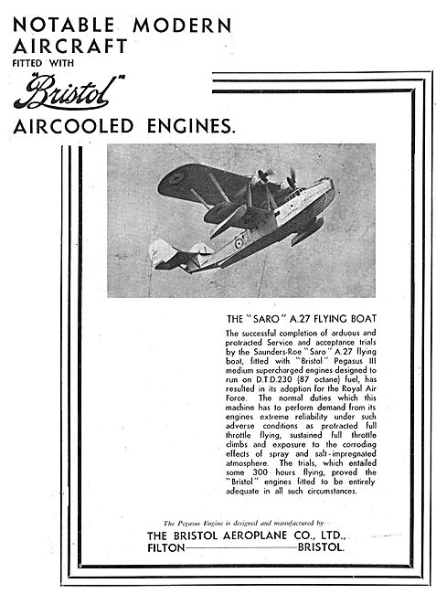 Bristol Engined Notable Aircraft: SARO A27 Flying Boat : Pegasus 