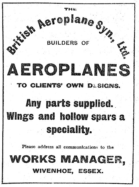 The British Aeroplane Syndicate Wivenhoe - Builders Of Aeroplanes