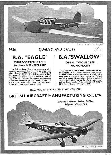 British Aircraft  B.A. Aircraft Model Range 1936                 