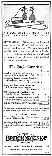 British Oxygen Co: BOC Welding Outfit For The Aircraft Industry  