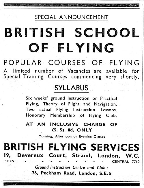 British School Of Flying  - British Flying Services 1933         
