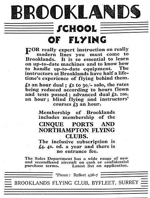 Brooklands Flying Club. Brooklands School Of Flying 1933         
