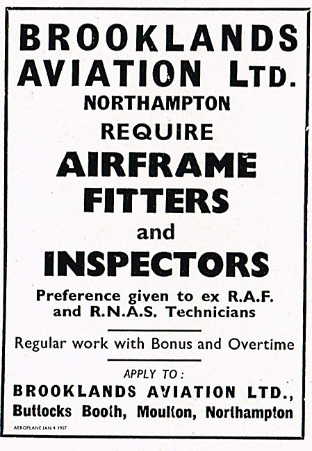 Brooklands Aviation Require Airframe Fitters & Inspectors        