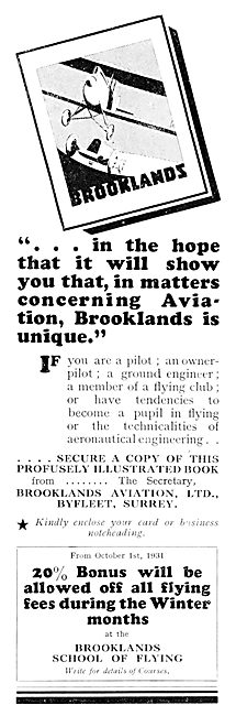 Brooklands School Of Flying 1931                                 