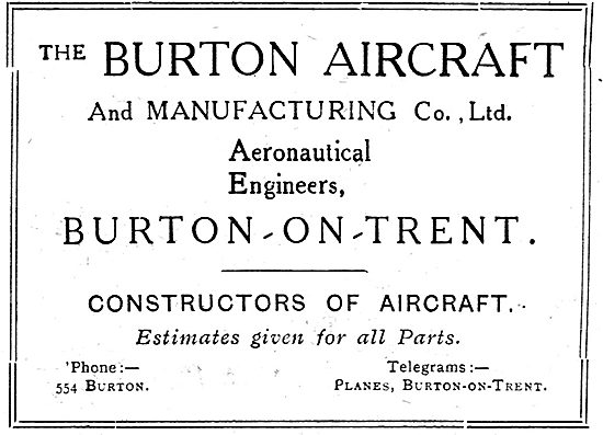 Burton Aircraft. Burton-On-Trent. Aeronautical Engineers         