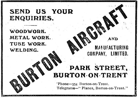 Burton Aircraft. Park St. Burton-On-Trent. Aeronautical Engineers