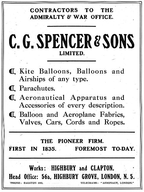 C G Spencer & Sons - Kite Ballons, Ballons & Airships 1917       