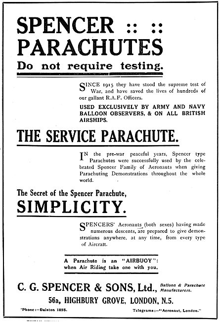 C.G.Spencer & Sons. Spencer Parachutes. 1919 Advert              