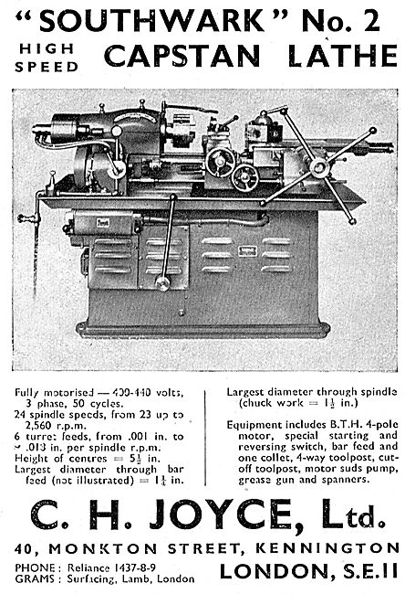 C.H.Joyce Lathes - Southwark No.2 High Speed Capstan Lathe 1942  