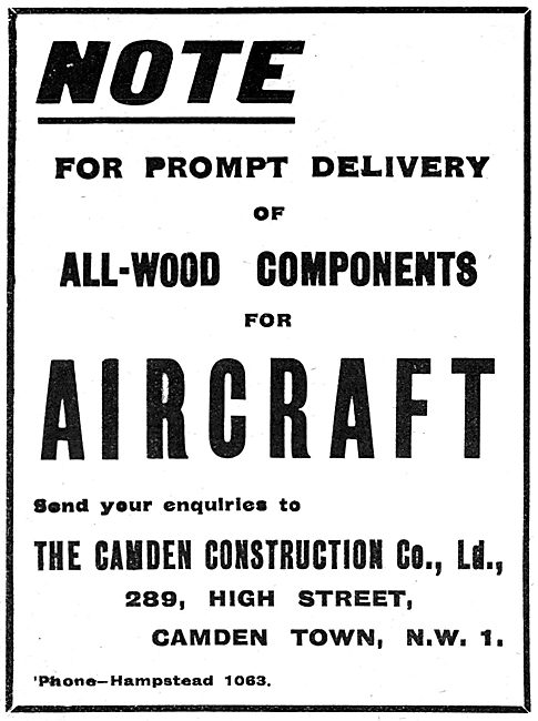 The Camden Construction Company. Wooden Components For Aircraft  