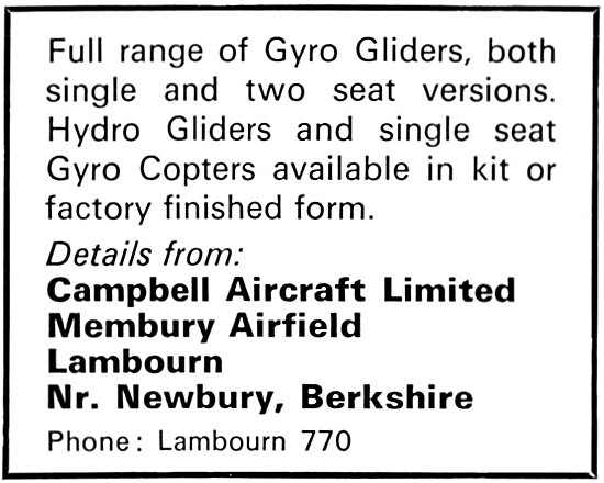 Campbell Aircraft - Campbell Gyro Gliders Gyro Copters 1969      