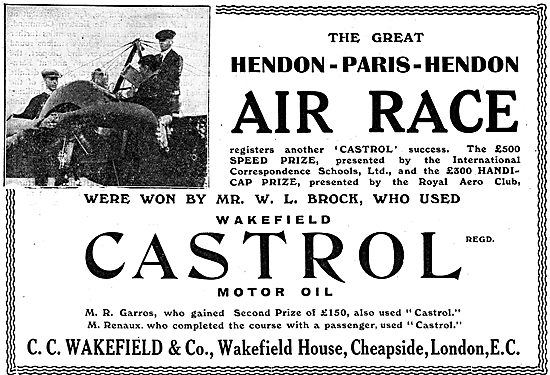 Castrol Success In The Great Hendon - Paris - Hendon Air Race    