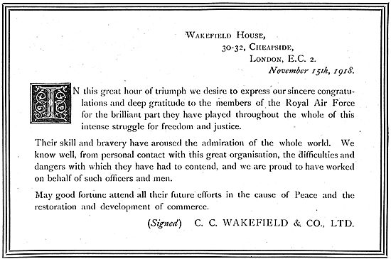 C.C.Wakefield. Castrol. Congratulatory Message 1918              