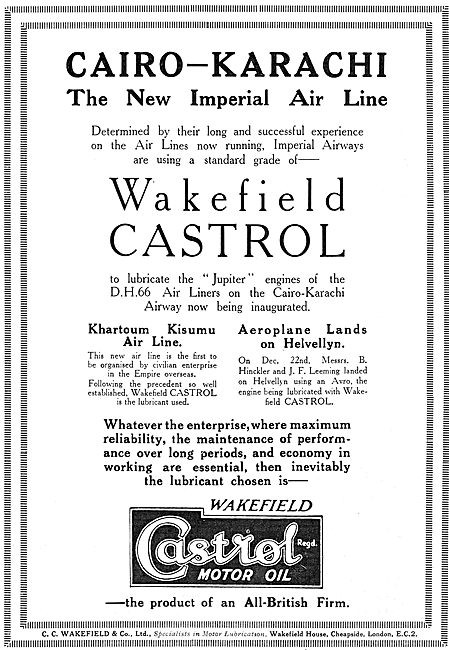 Castrol Oil For Imperial Airways On the Cairo - Karachi Service  