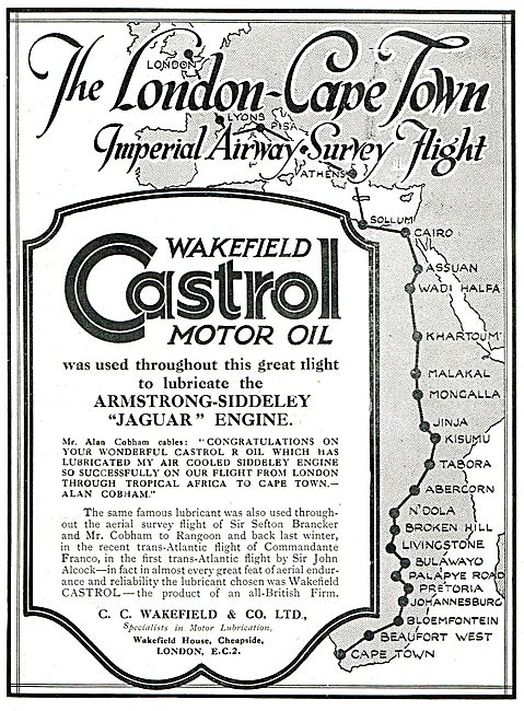 Castrol Oil Chosen For The Imperial Airways Survey Flt  To Cape..