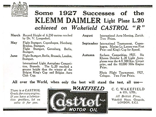 Some 1927 Successes By Klemm Daimler On Castrol Oil              